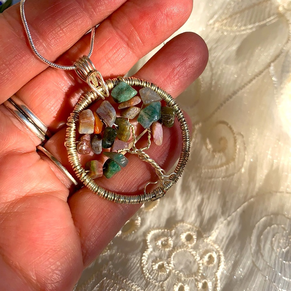 Natural Agate Tree of Life Pendant - 925 Chain